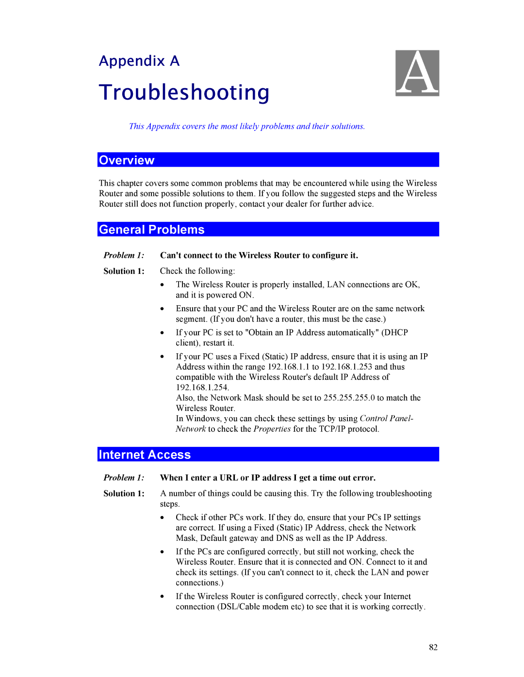 Hawking Technology HWR54G manual Troubleshooting, General Problems, Internet Access 