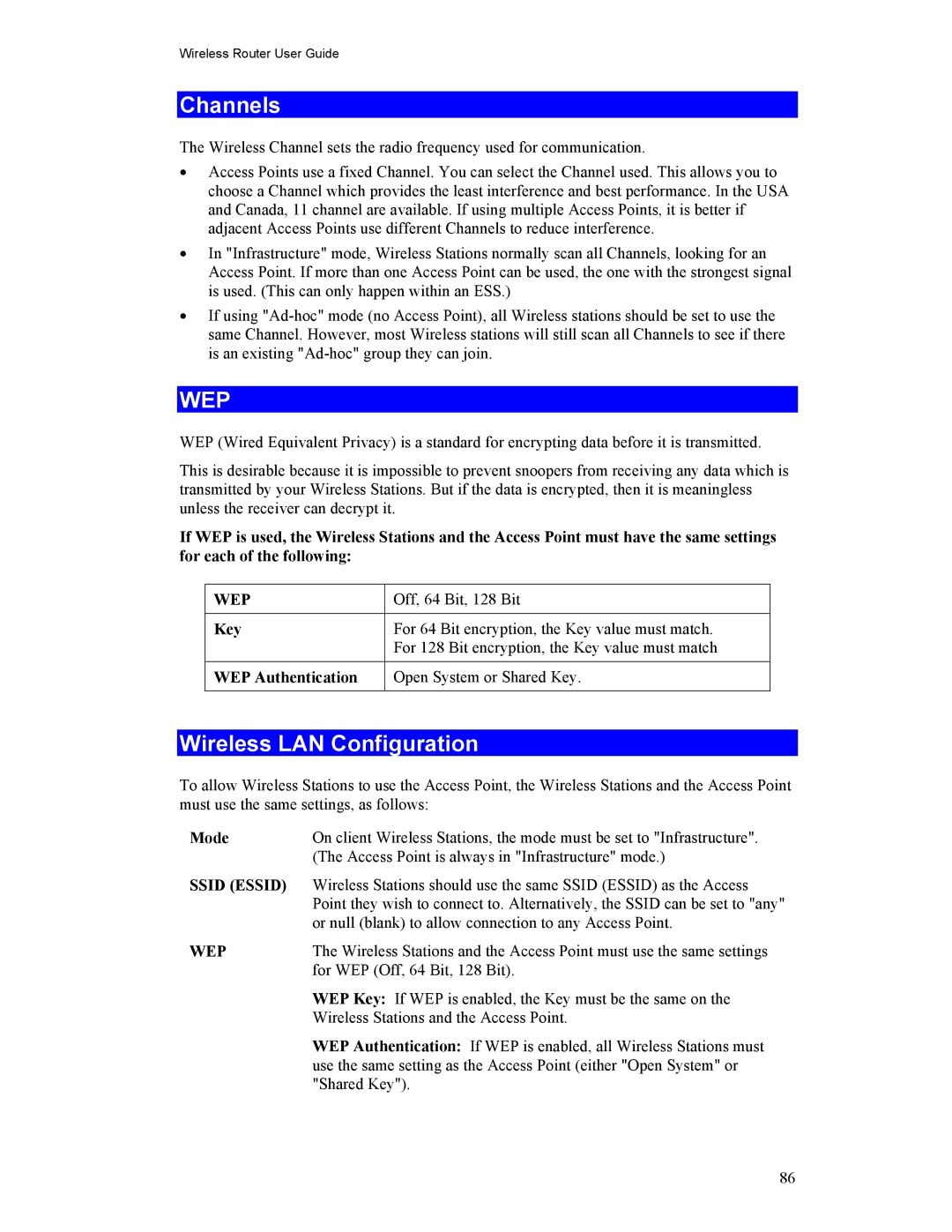 Hawking Technology HWR54G manual Channels, Wireless LAN Configuration, Key, WEP Authentication 