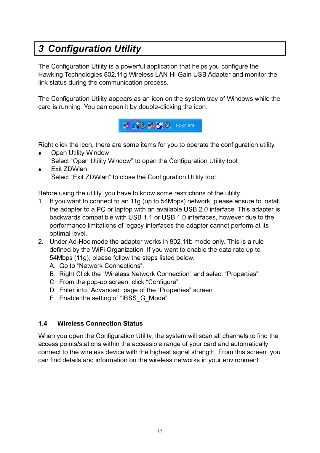 Hawking Technology HWU54D manual Configuration Utility, Wireless Connection Status 