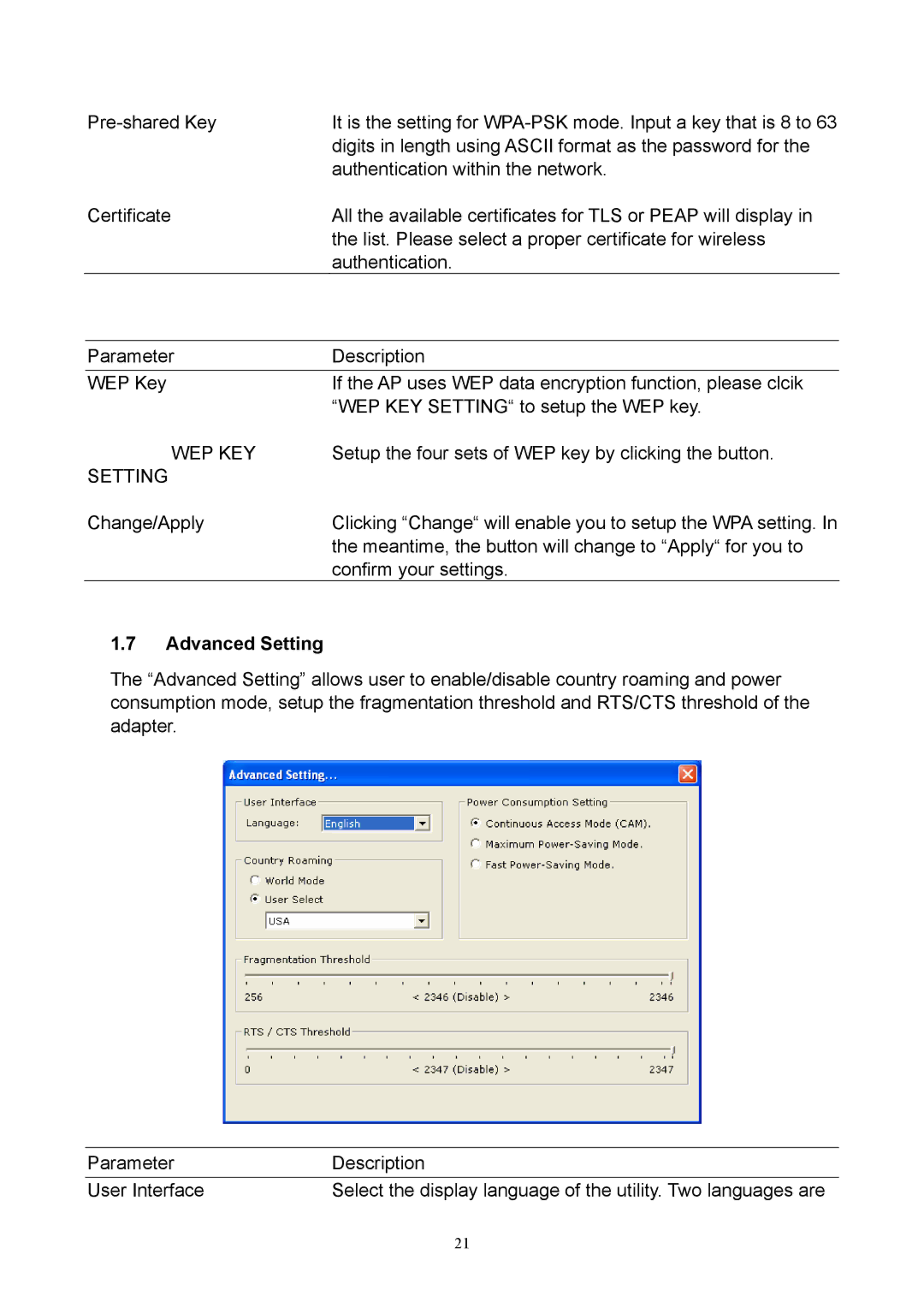 Hawking Technology HWU54D manual Wep Key, Advanced Setting 