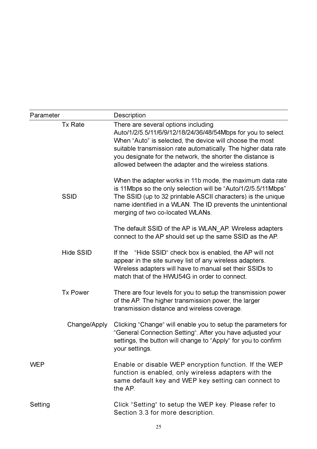 Hawking Technology HWU54D manual Ssid, Wep 