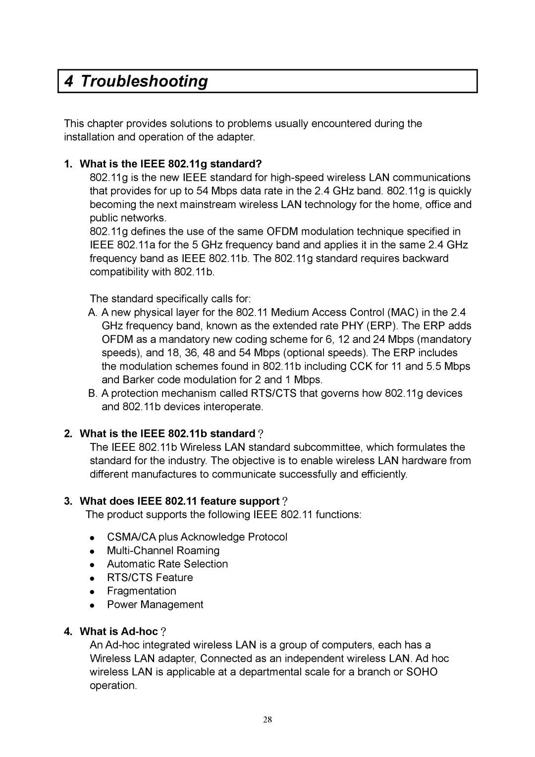 Hawking Technology HWU54D manual What is the Ieee 802.11g standard?, What is the Ieee 802.11b standard？, What is Ad-hoc？ 