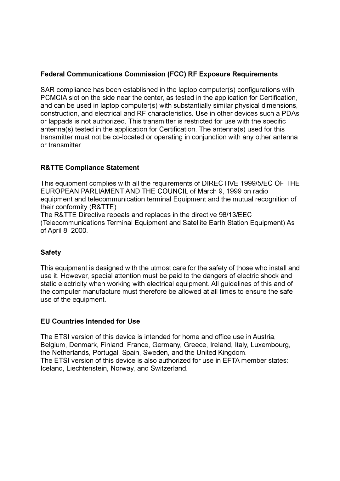 Hawking Technology HWU54D manual TTE Compliance Statement, Safety, EU Countries Intended for Use 