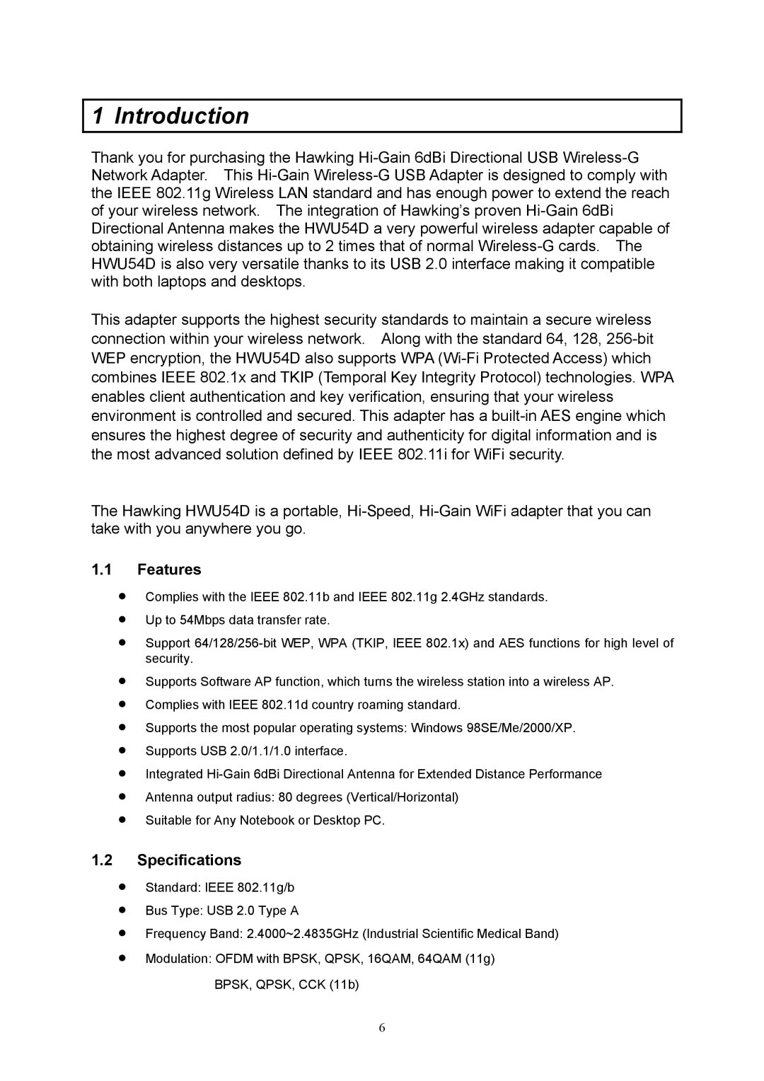 Hawking Technology HWU54D manual Features, Specifications 