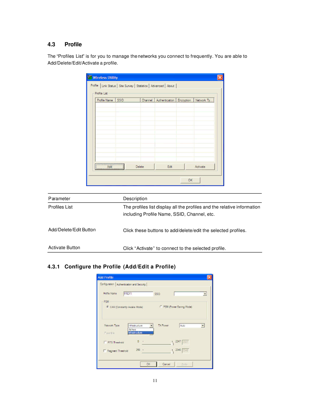 Hawking Technology HWU54DM manual Configure the Profile Add/Edit a Profile 