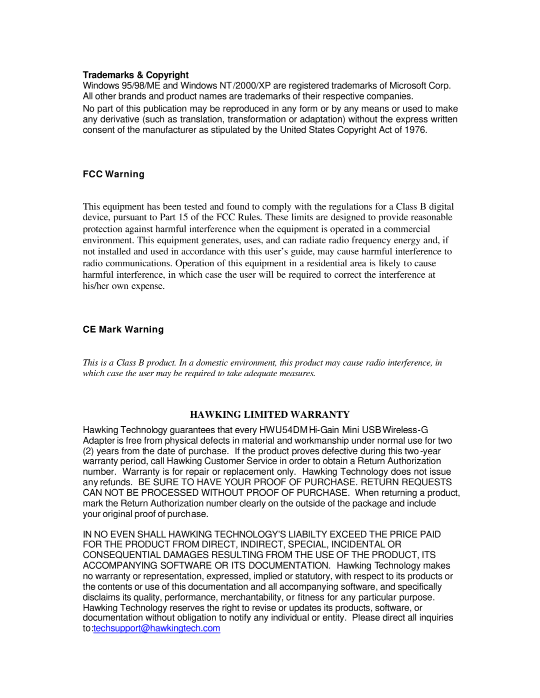 Hawking Technology HWU54DM manual Trademarks & Copyright, FCC Warning, CE Mark Warning 