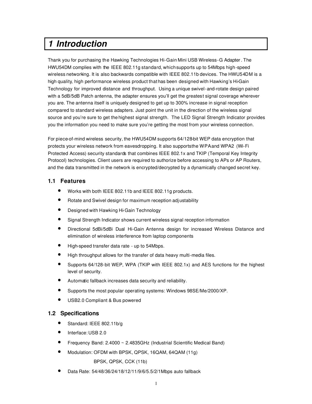 Hawking Technology HWU54DM manual Features, Specifications 