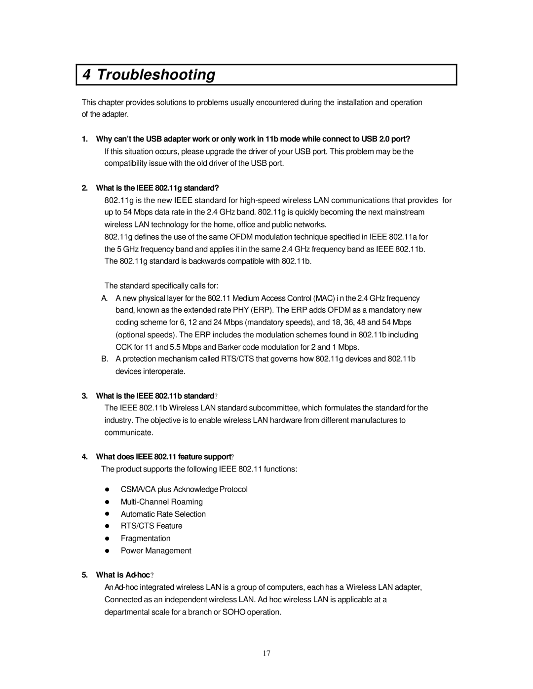 Hawking Technology HWU54G Troubleshooting, What is the Ieee 802.11b standard?, What does Ieee 802.11 feature support? 