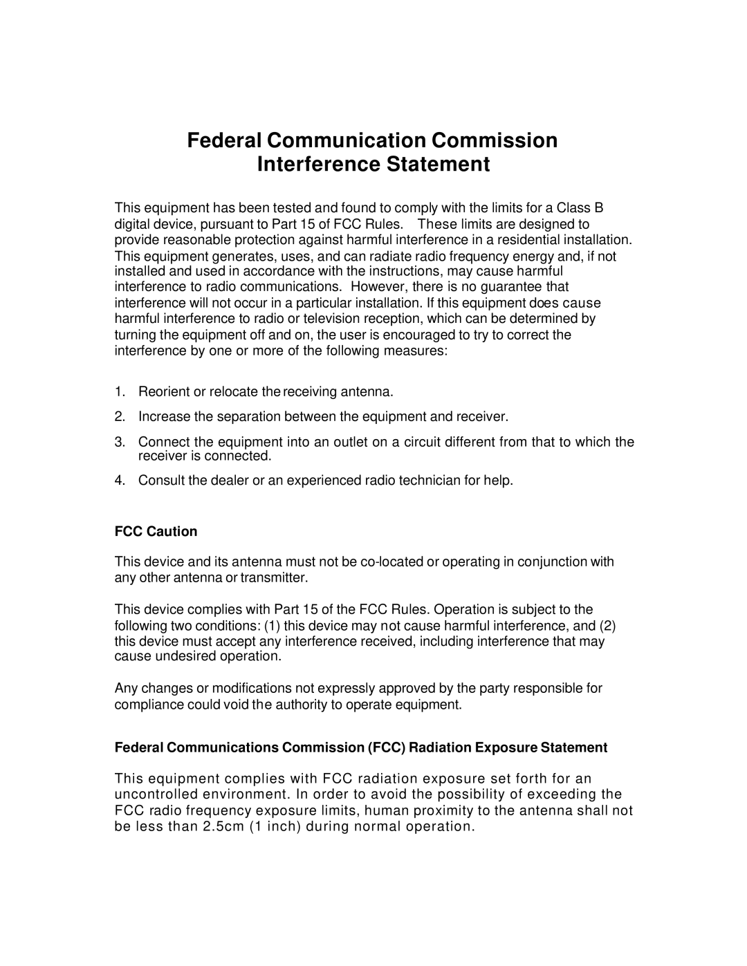 Hawking Technology HWU54G manual Federal Communication Commission Interference Statement, FCC Caution 