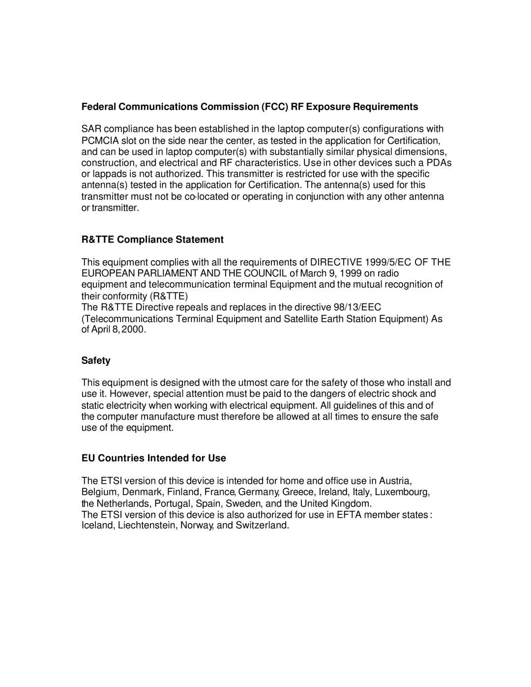 Hawking Technology HWU54G manual TTE Compliance Statement, Safety, EU Countries Intended for Use 