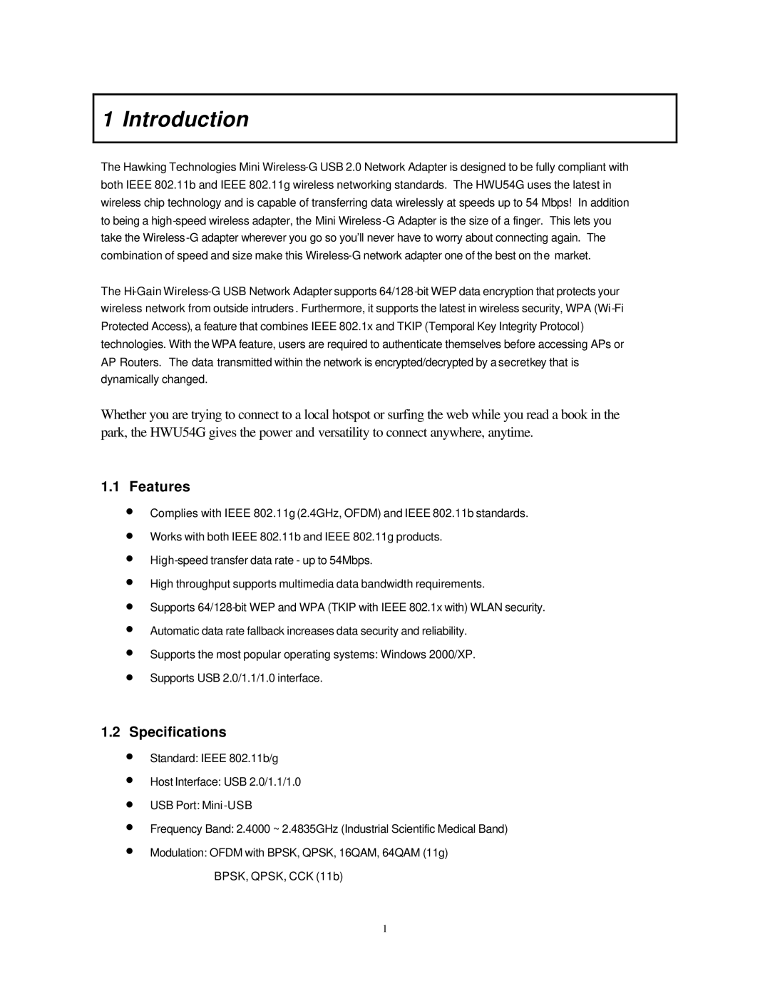 Hawking Technology HWU54G manual Introduction, Features, Specifications 