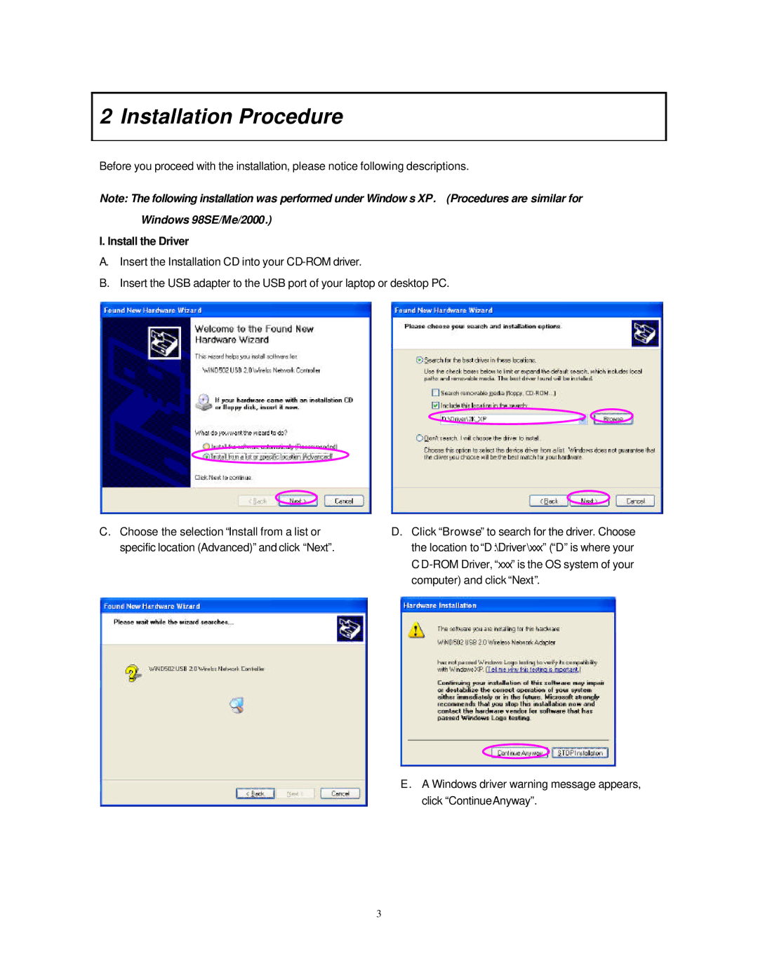 Hawking Technology HWU54G manual Installation Procedure, Install the Driver 