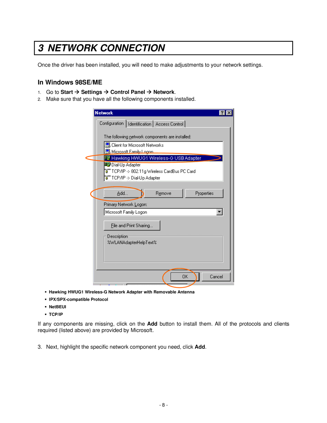 Hawking Technology HWUG1 manual Network Connection, Windows 98SE/ME 