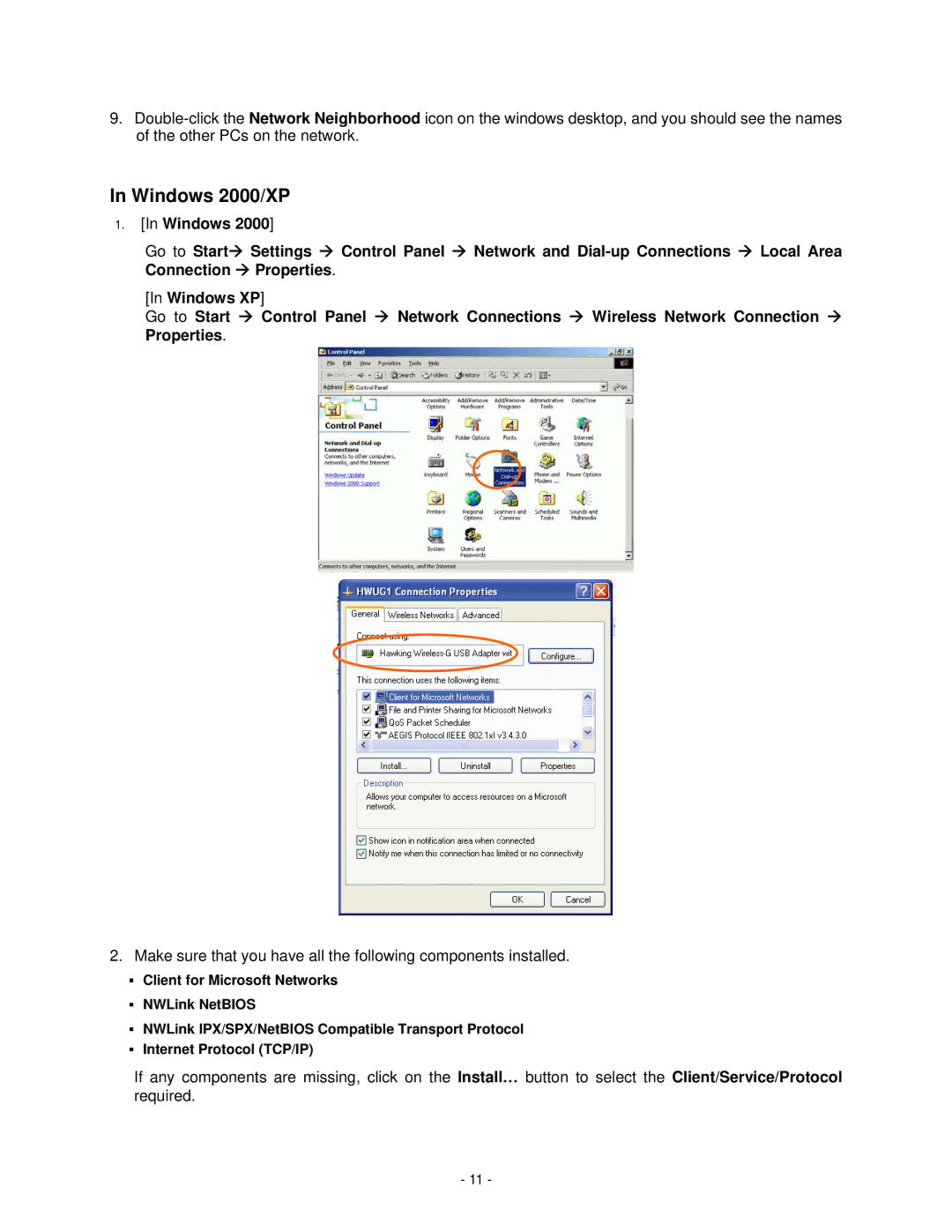 Hawking Technology HWUG1 manual Windows 2000/XP 