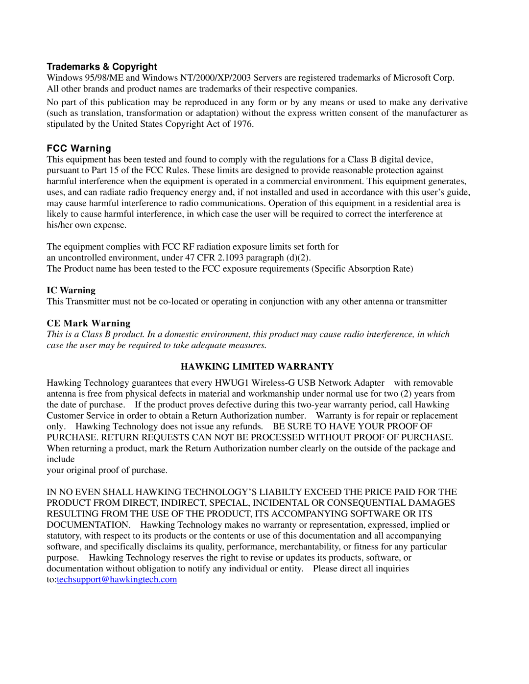 Hawking Technology HWUG1 manual Trademarks & Copyright 