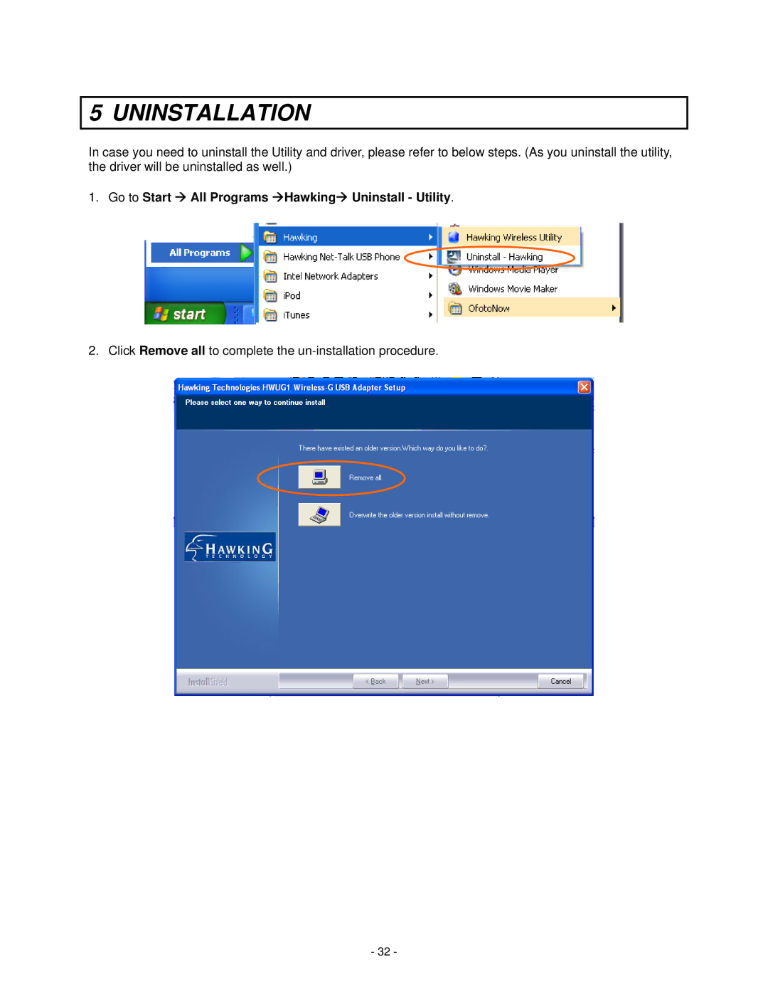 Hawking Technology HWUG1 manual Uninstallation 