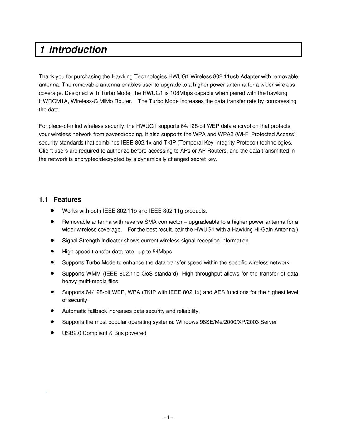 Hawking Technology HWUG1 manual Introduction, Features 