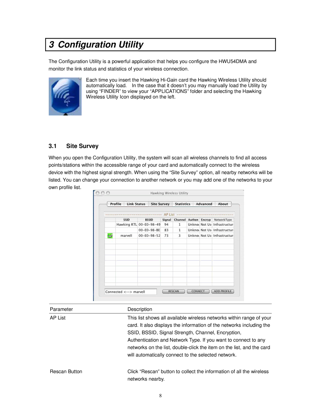 Hawking Technology HWUG1A manual Configuration Utility, Site Survey 