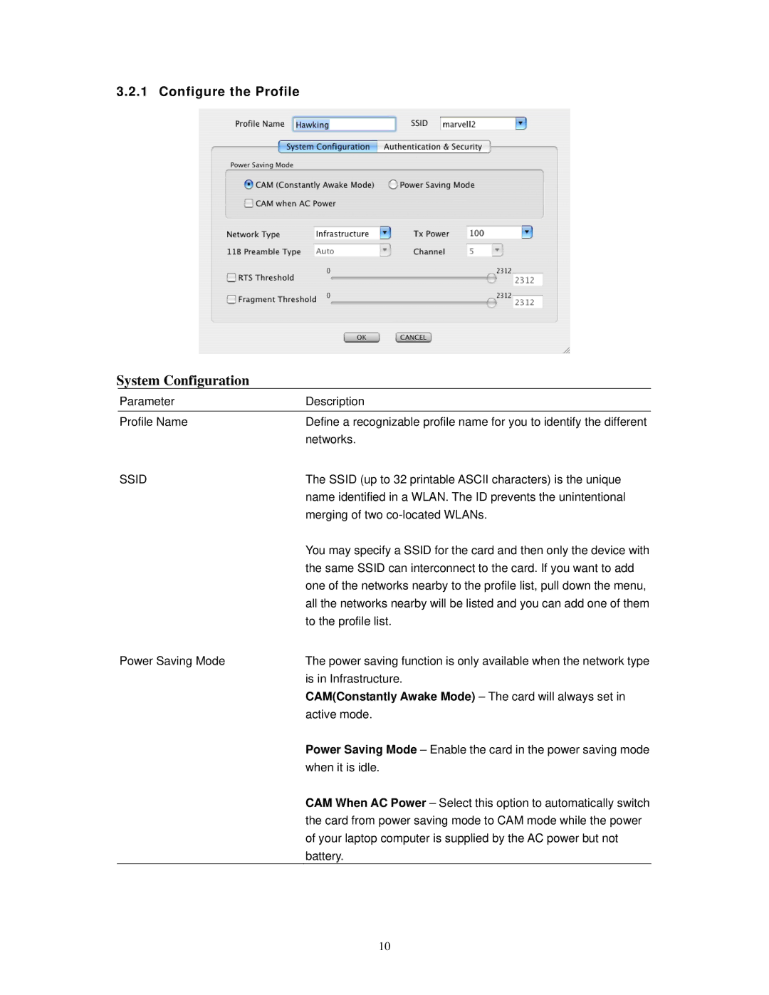 Hawking Technology HWUG1A Parameter Description Profile Name, Networks, Merging of two co-located WLANs, Power Saving Mode 