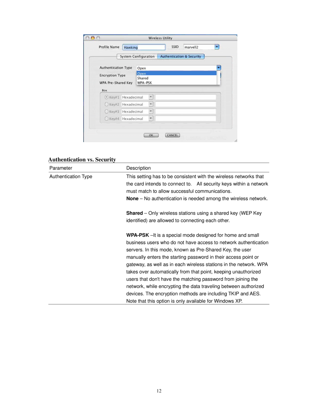 Hawking Technology HWUG1A manual Parameter Description Authentication Type, Must match to allow successful communications 