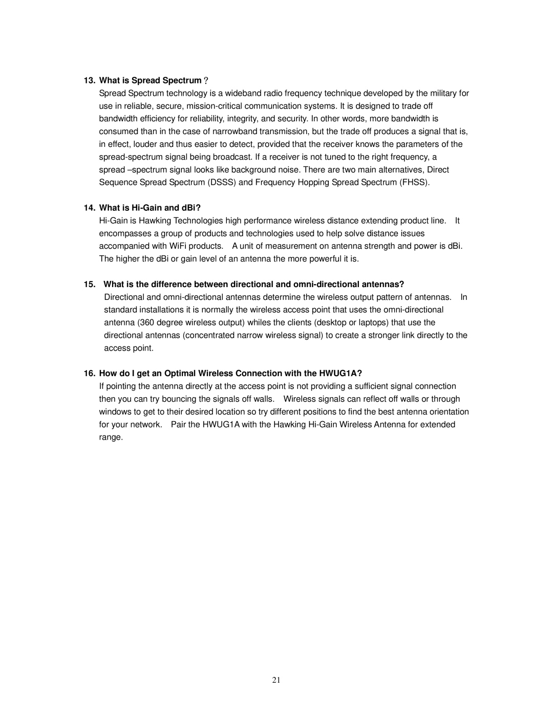 Hawking Technology HWUG1A manual What is Spread Spectrum？, What is Hi-Gain and dBi? 