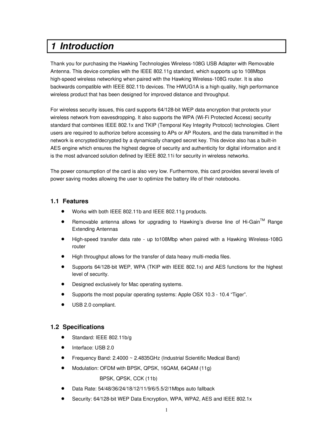 Hawking Technology HWUG1A manual Introduction, Features, Specifications 