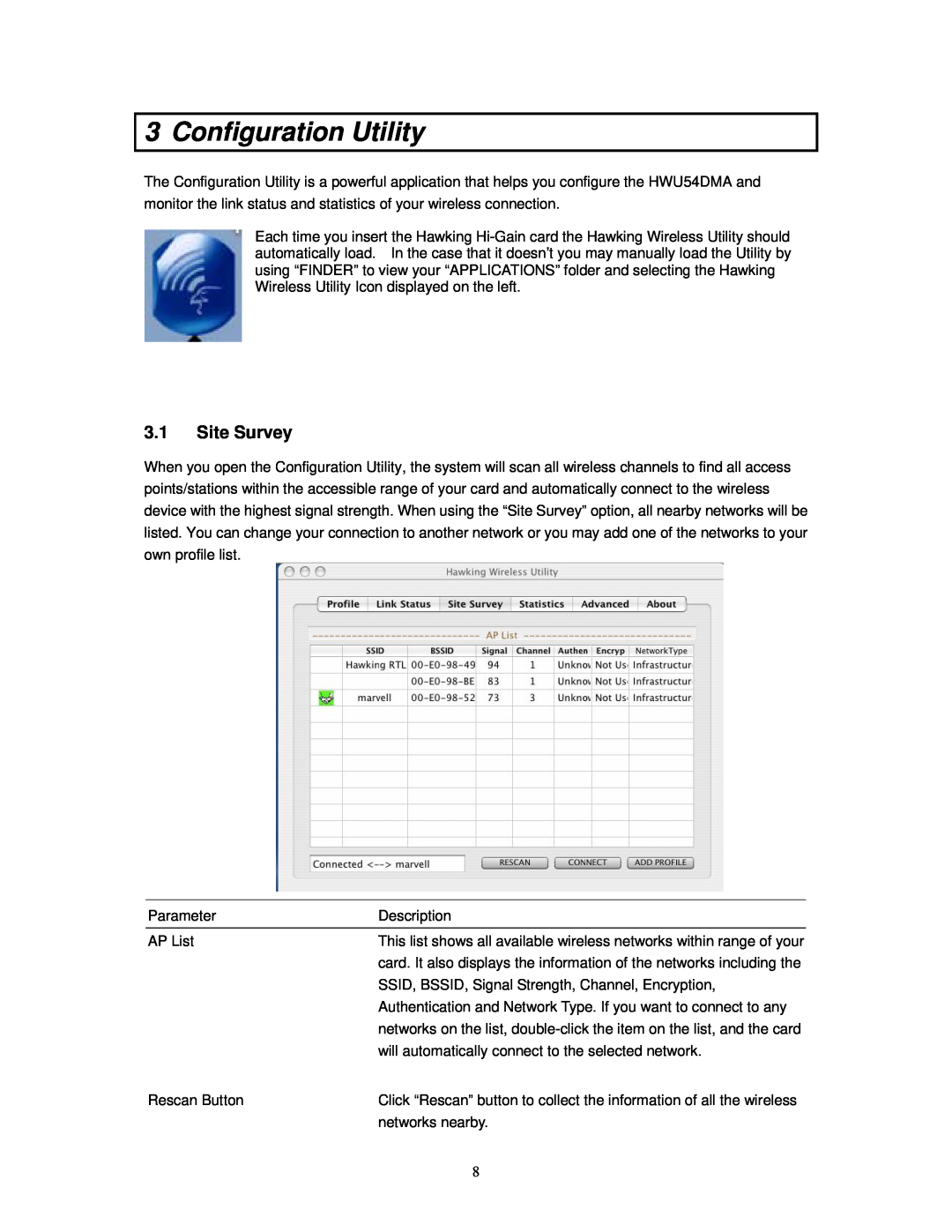 Hawking Technology HWUG1A manual Configuration Utility, Site Survey 