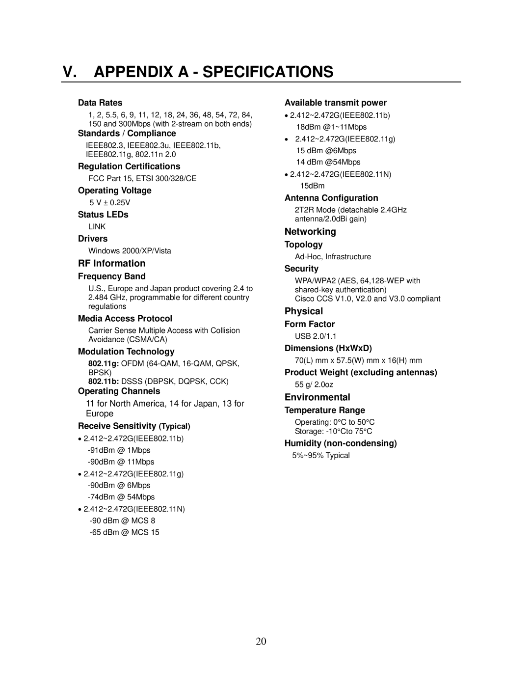 Hawking Technology HWUN1A manual Appendix a Specifications 