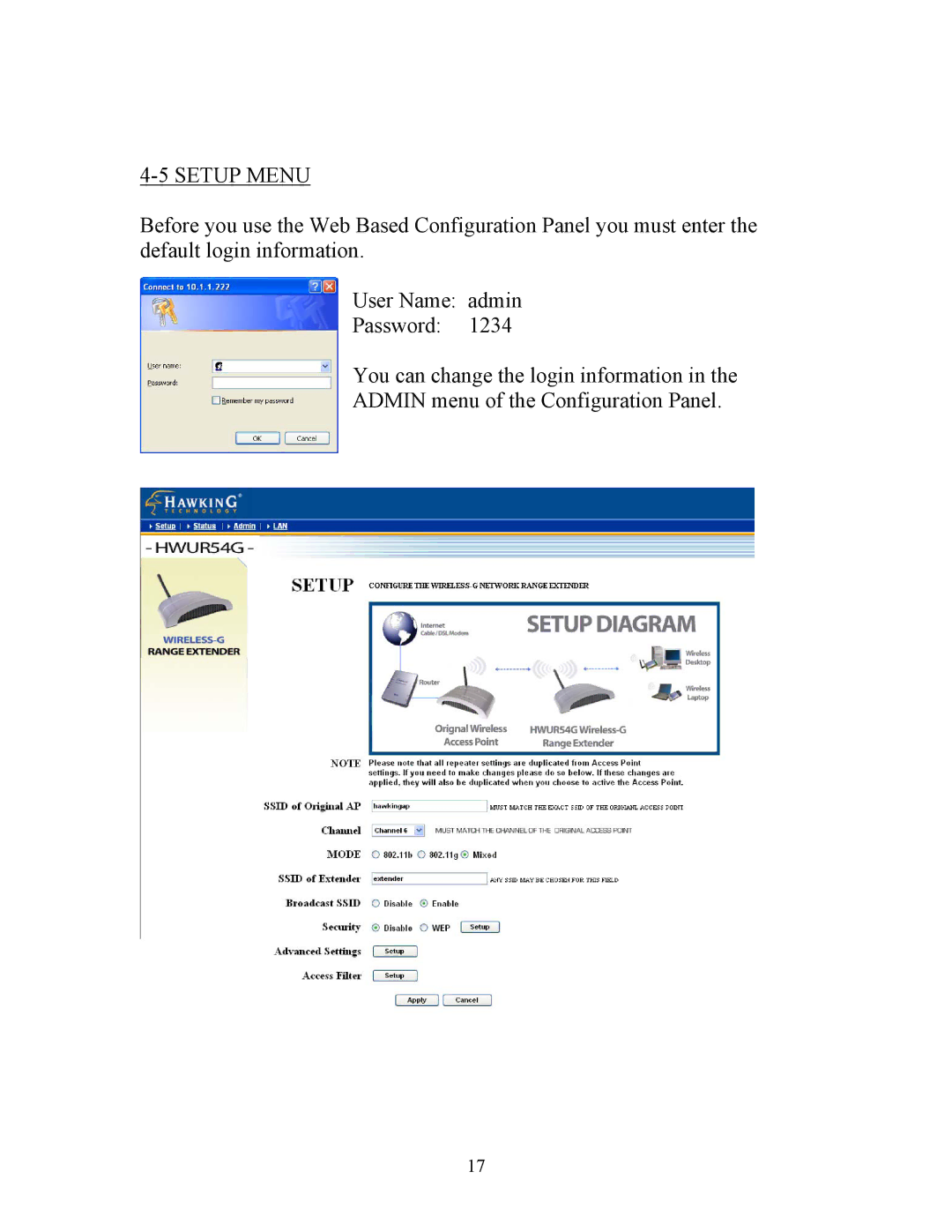 Hawking Technology HWUR54G manual Setup Menu 