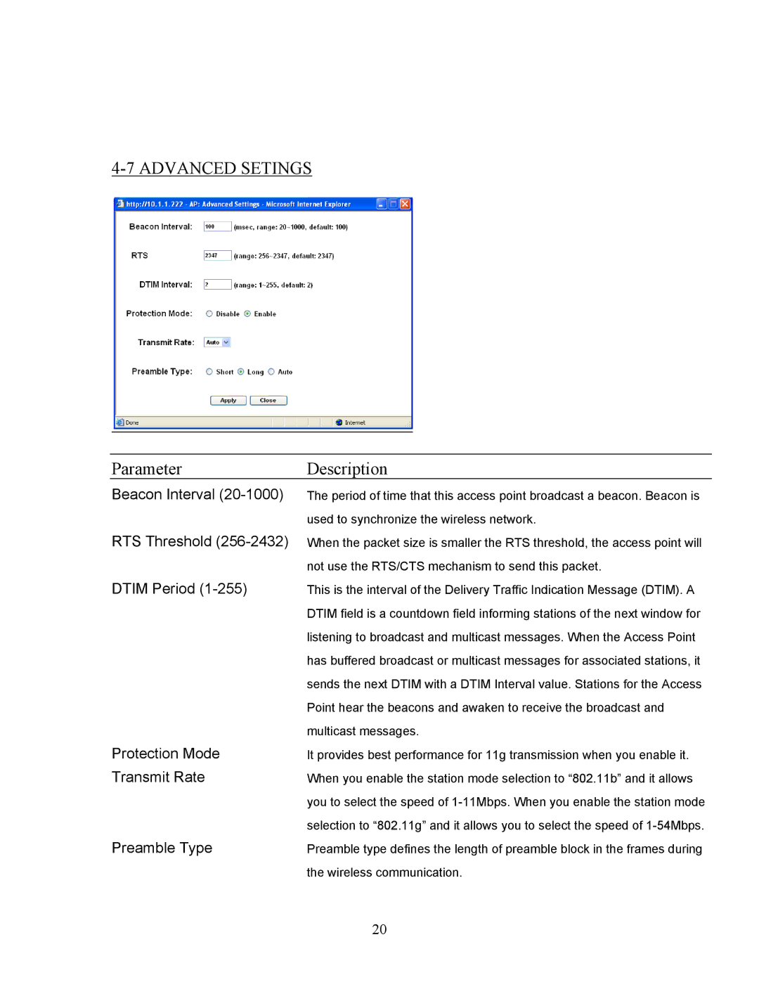 Hawking Technology HWUR54G manual Advanced Setings, Parameter Description 