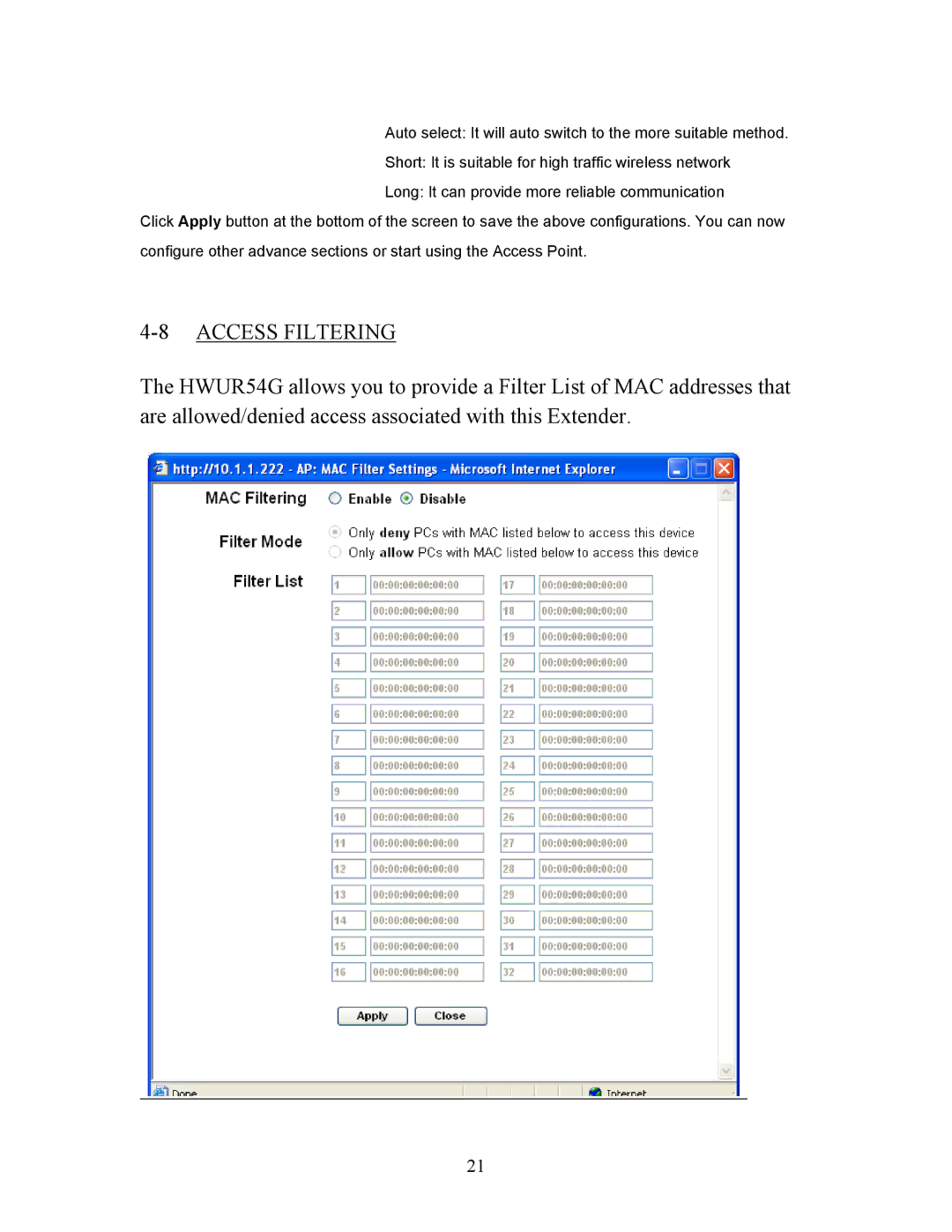 Hawking Technology HWUR54G manual Access Filtering 