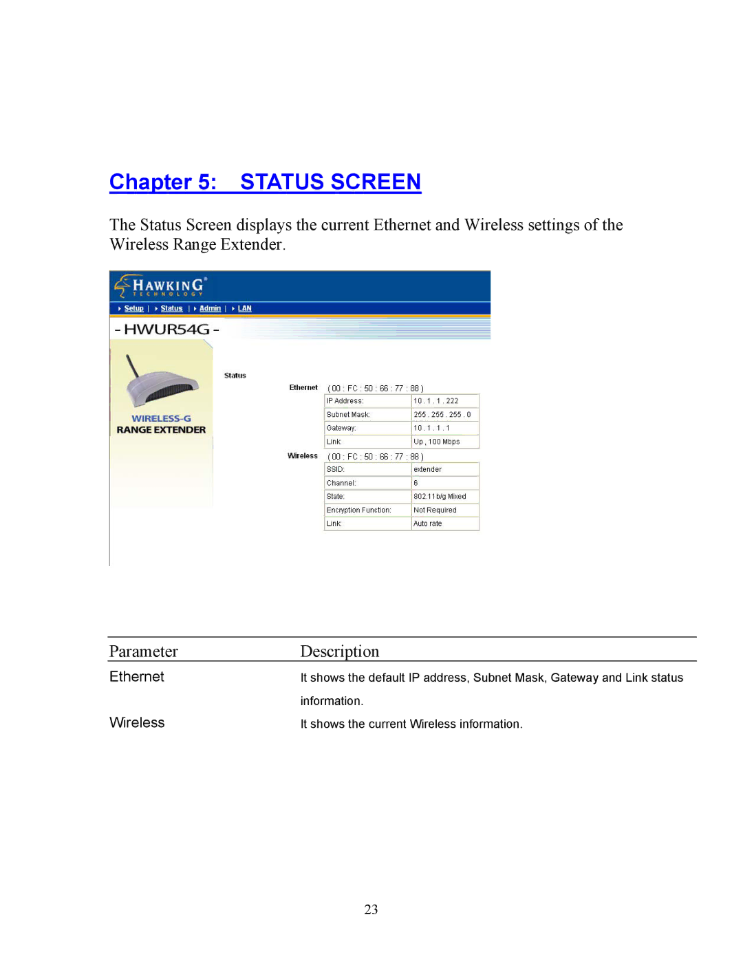 Hawking Technology HWUR54G manual Status Screen 