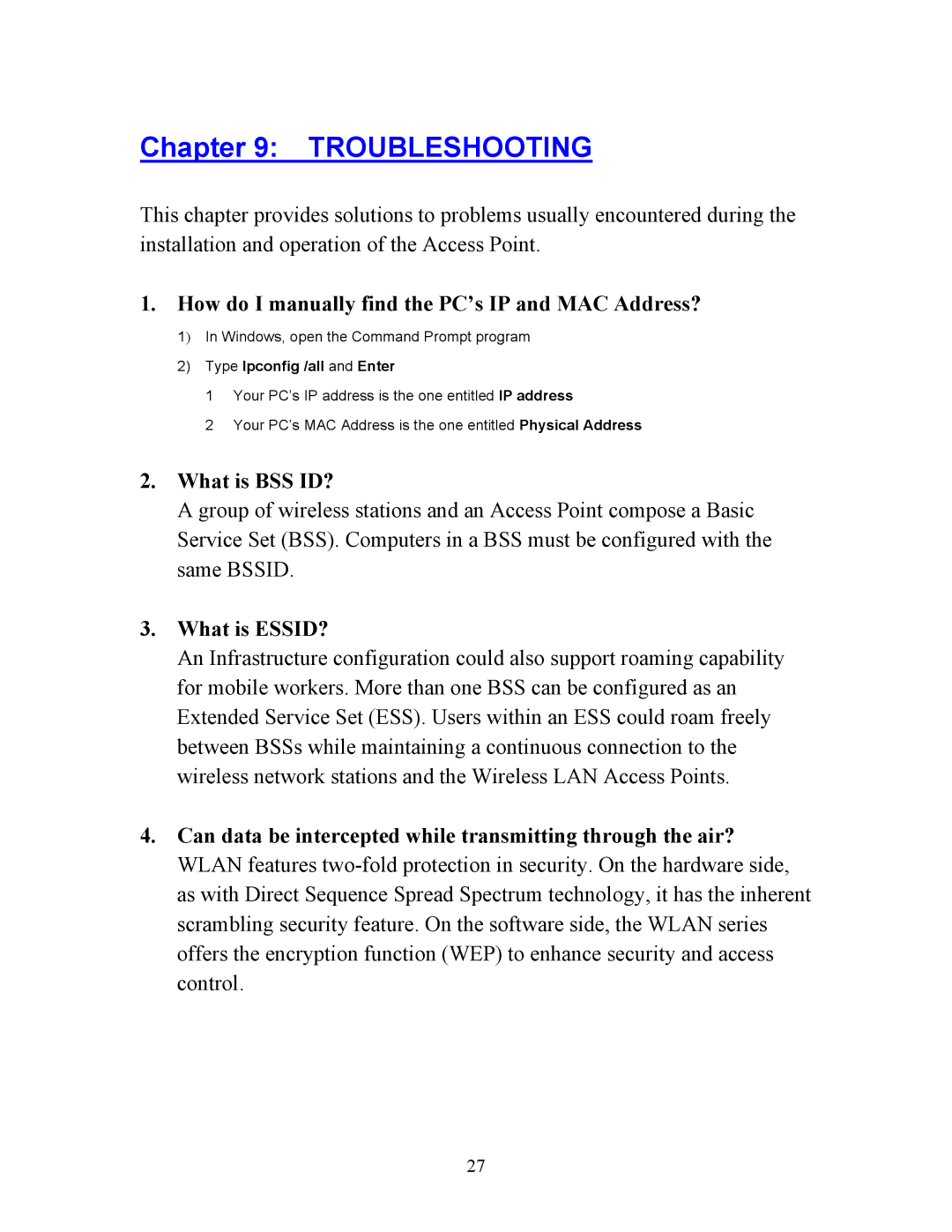 Hawking Technology HWUR54G Troubleshooting, How do I manually find the PC’s IP and MAC Address? 