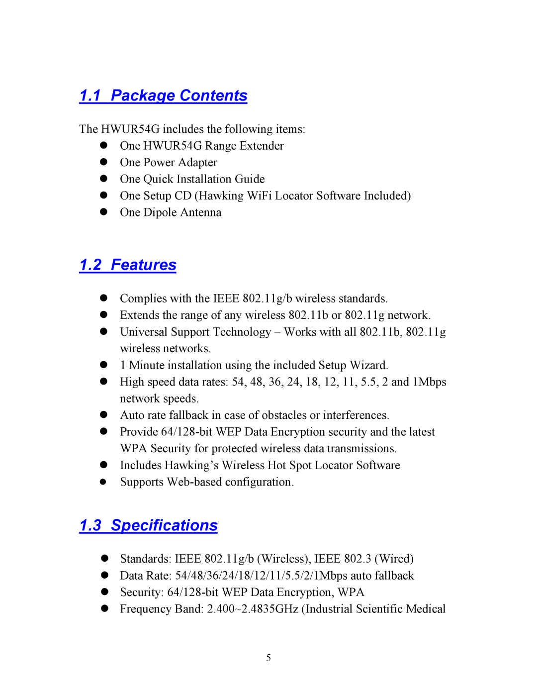 Hawking Technology HWUR54G manual Package Contents 