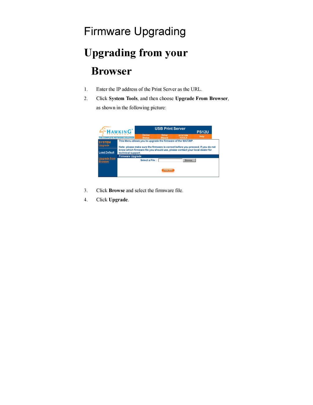 Hawking Technology PS12U manual Upgrading from your Browser 