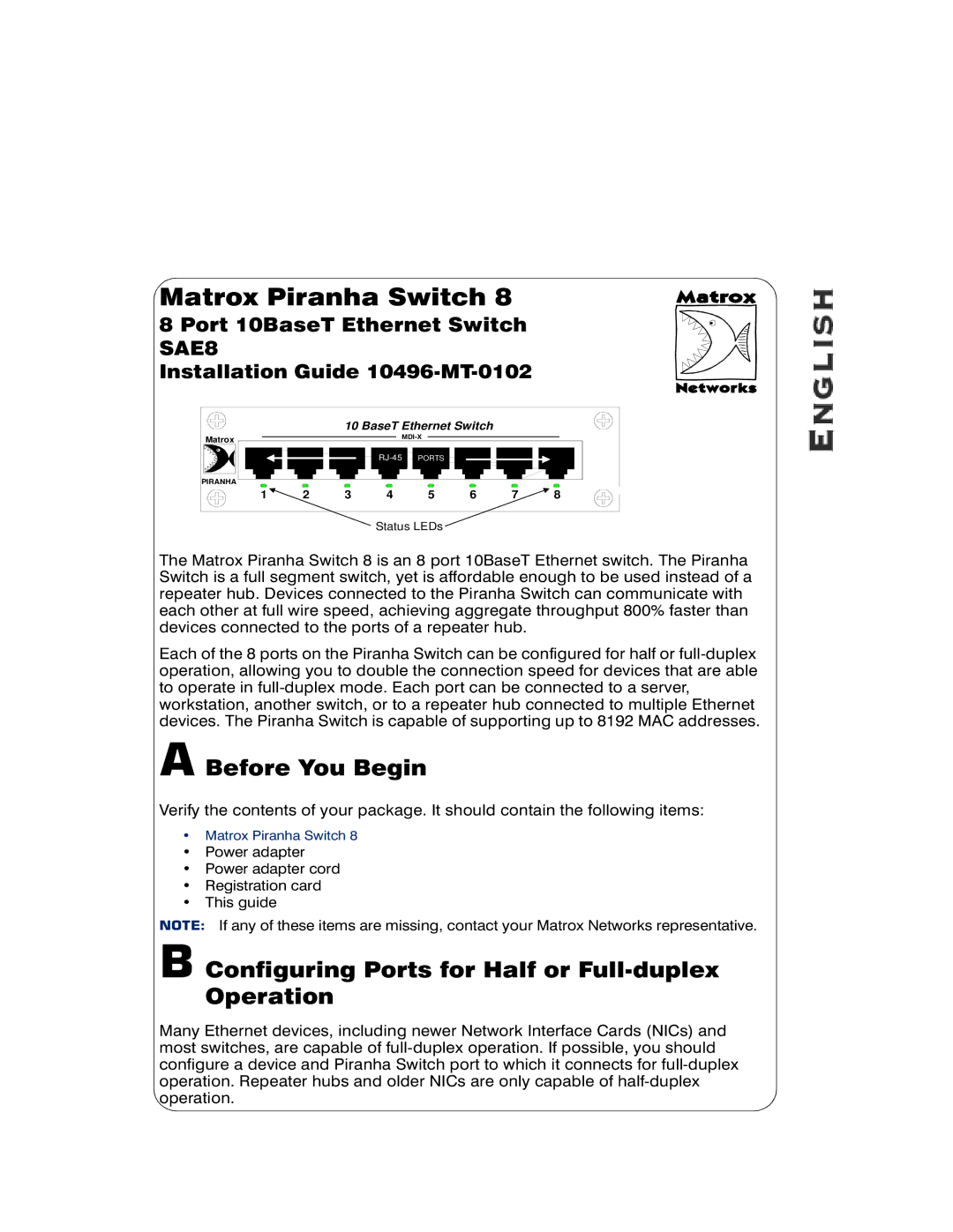 Hawking Technology SAE8 manual Before You Begin, Configuring Ports for Half or Full-duplex Operation 