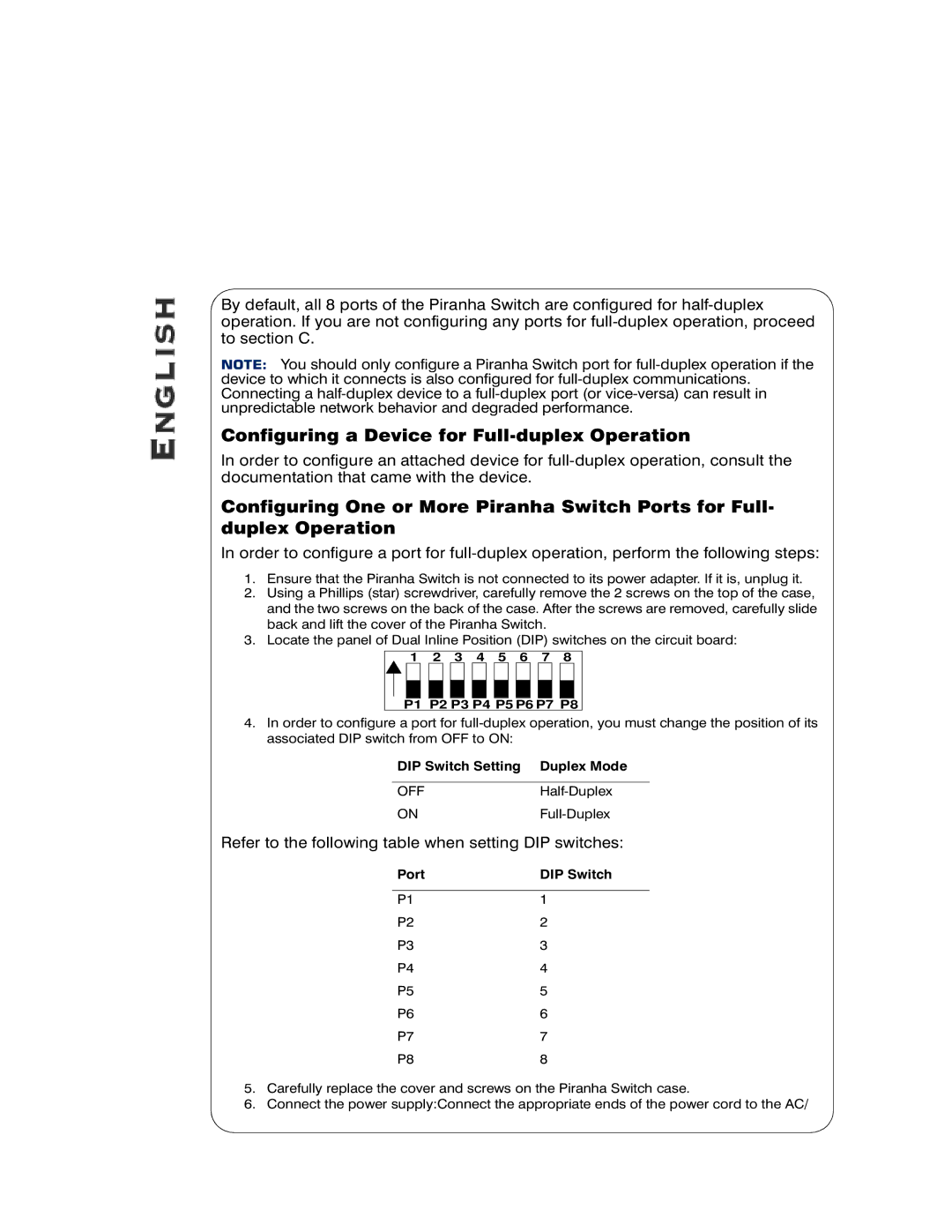 Hawking Technology SAE8 Configuring a Device for Full-duplex Operation, DIP Switch Setting Duplex Mode, Port DIP Switch 