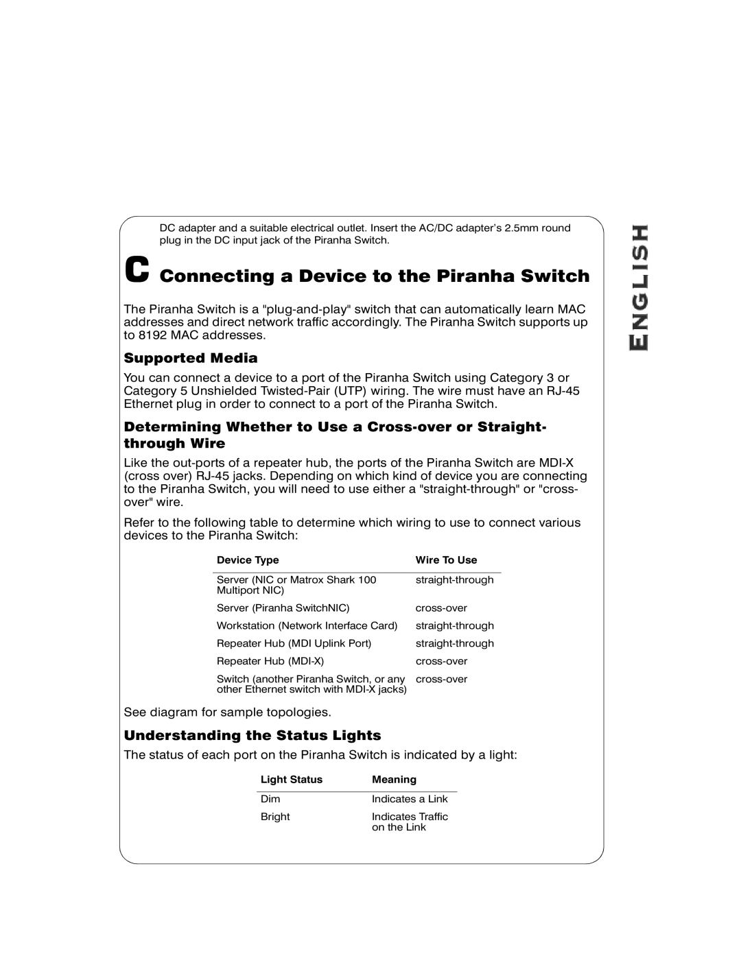 Hawking Technology SAE8 manual Connecting a Device to the Piranha Switch, Supported Media, Understanding the Status Lights 