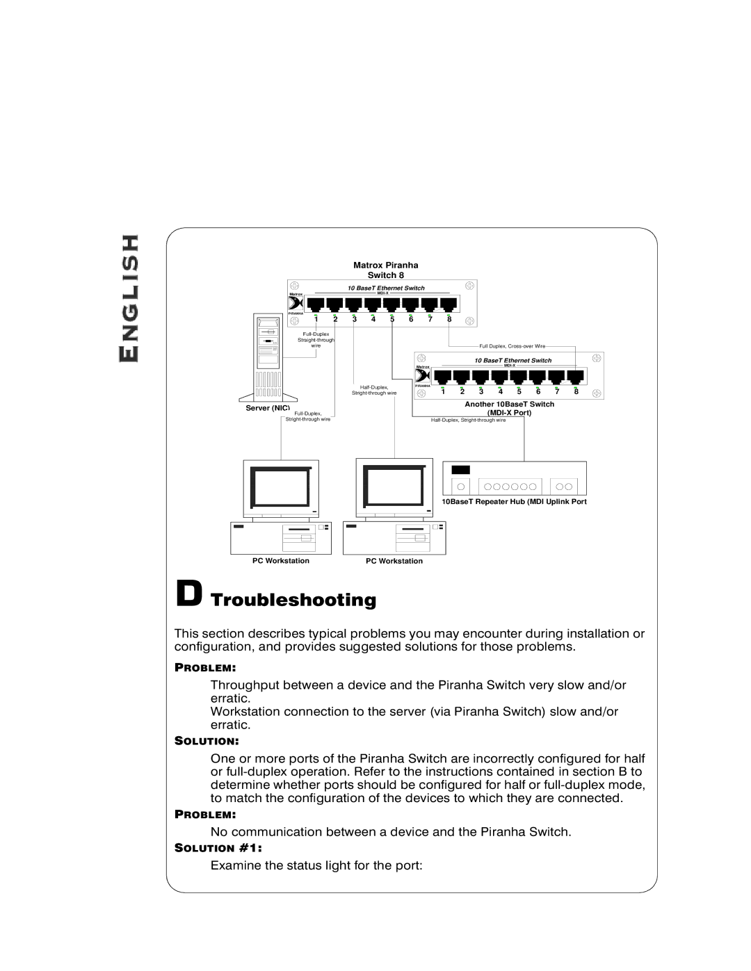 Hawking Technology SAE8 manual Troubleshooting, No communication between a device and the Piranha Switch 