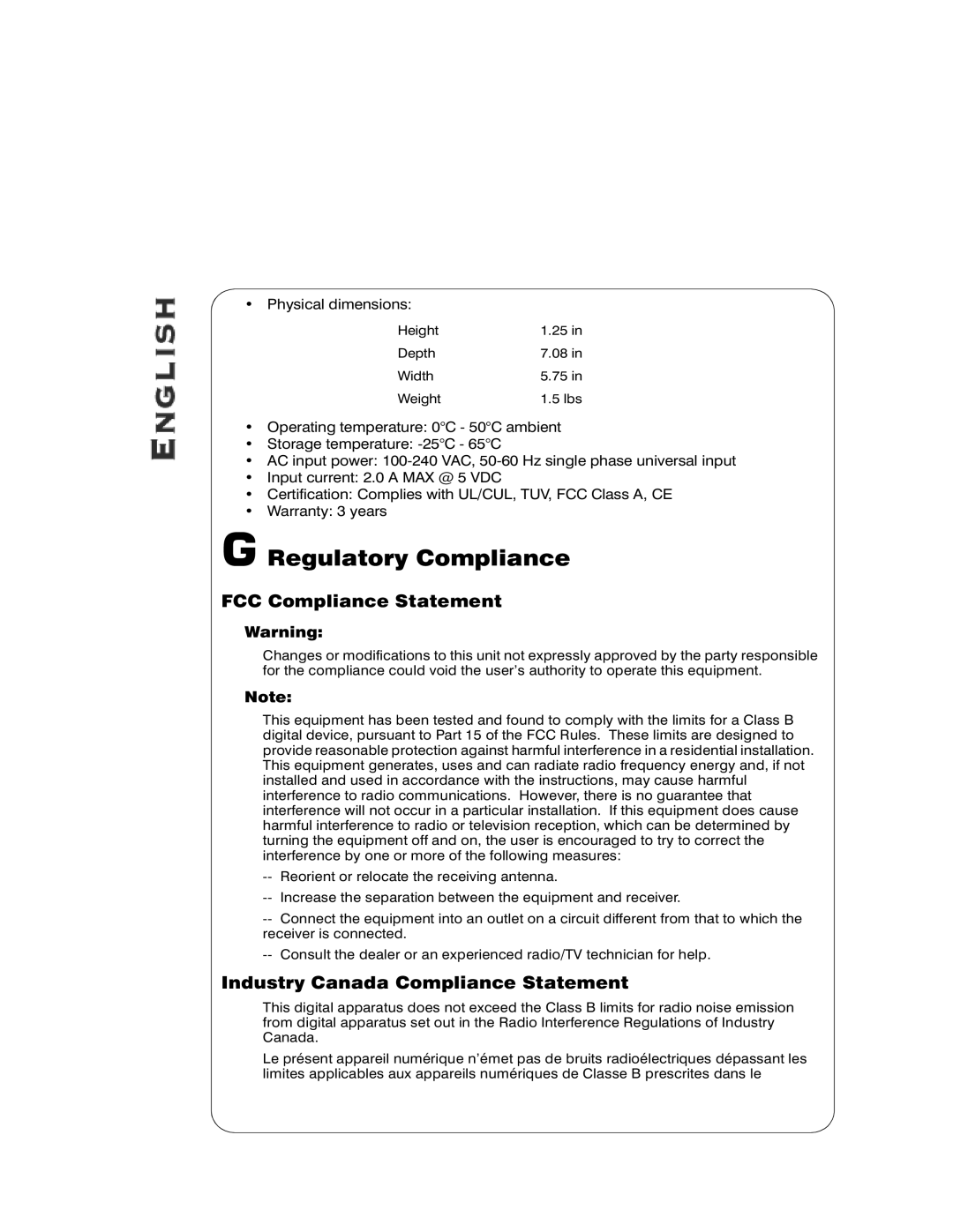 Hawking Technology SAE8 manual Regulatory Compliance, FCC Compliance Statement, Industry Canada Compliance Statement 