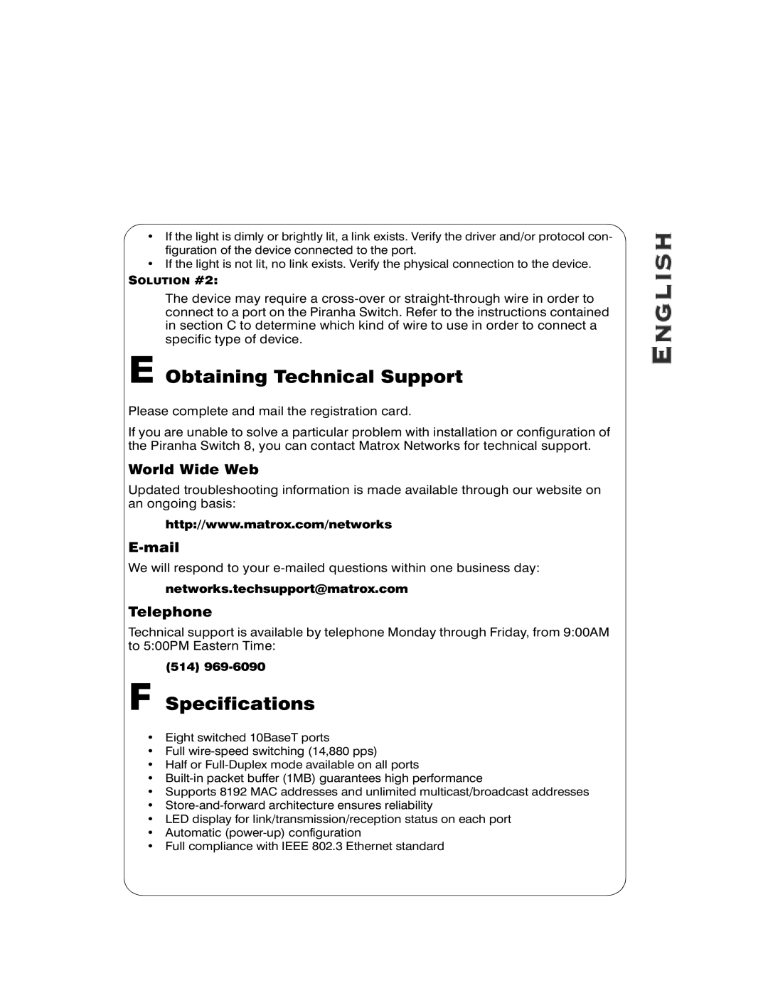 Hawking Technology SAE8 manual E Obtaining Technical Support, F Specifications, World Wide Web, E-mail, Telephone 
