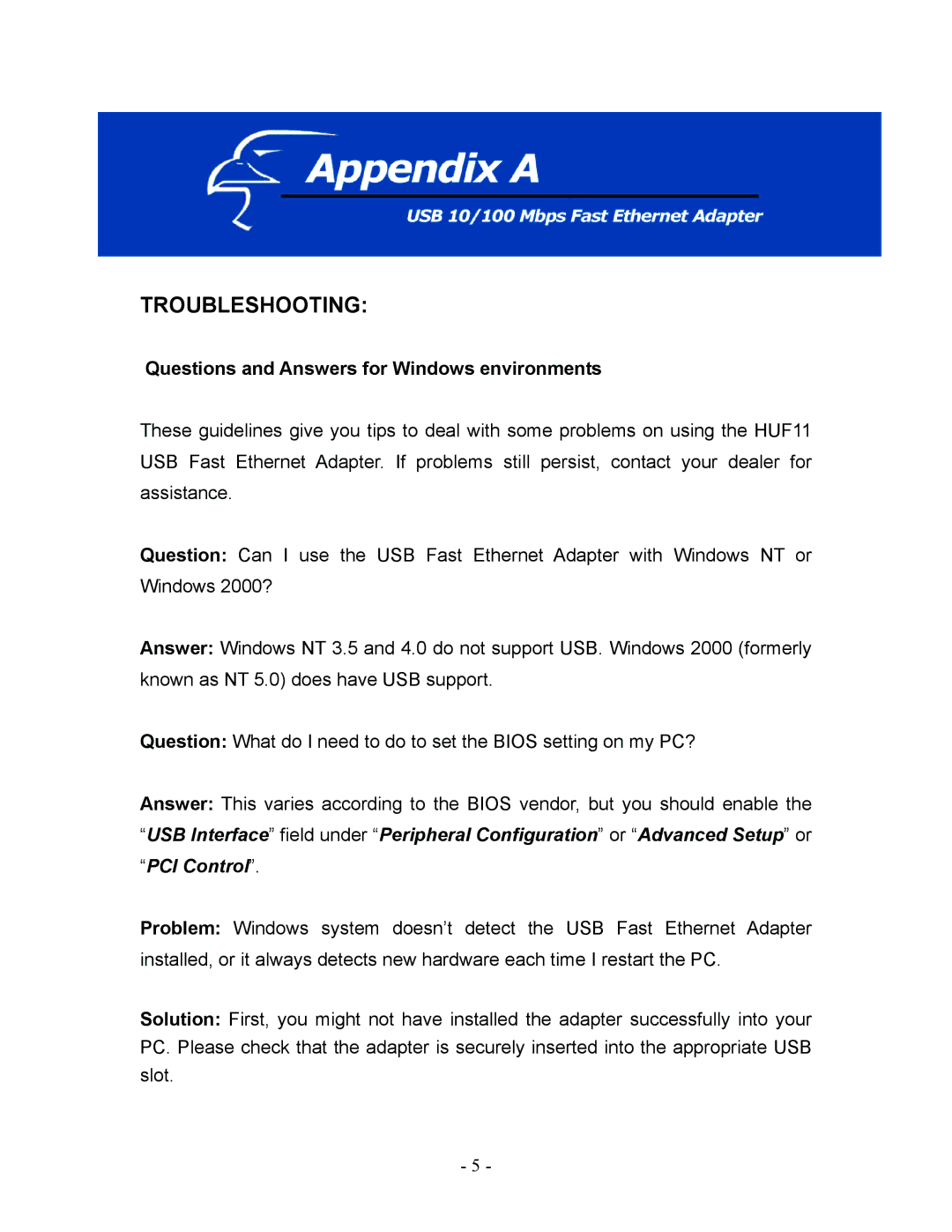 Hawking Technology USB 10/100 Mbps user manual Troubleshooting, Questions and Answers for Windows environments, PCI Control 