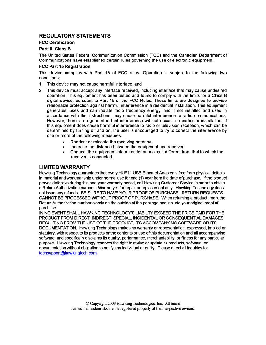 Hawking Technology USB 10/100 Mbps user manual Regulatory Statements, Limited Warranty, FCC Certification Part15, Class B 