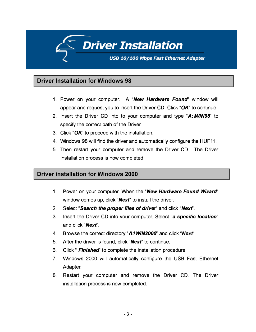 Hawking Technology USB 10/100 Mbps user manual Driver Installation for Windows, Driver installation for Windows 