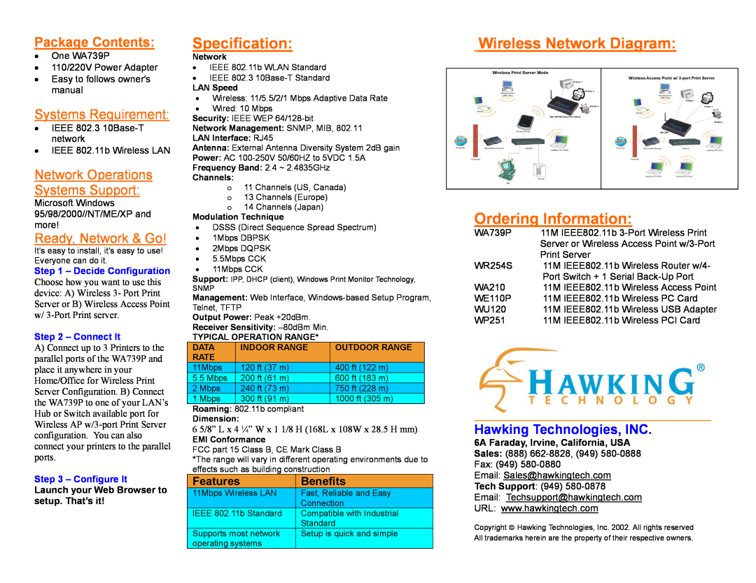 Hawking Technology WA739P manual Specification, Wireless Network Diagram Ordering Information, Package Contents, Features 