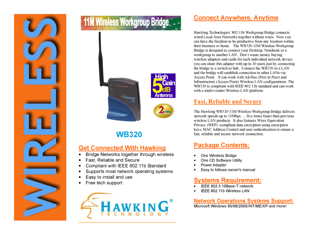 Hawking Technology WB320 owner manual Get Connected With Hawking, Connect Anywhere, Anytime, Package Contents 