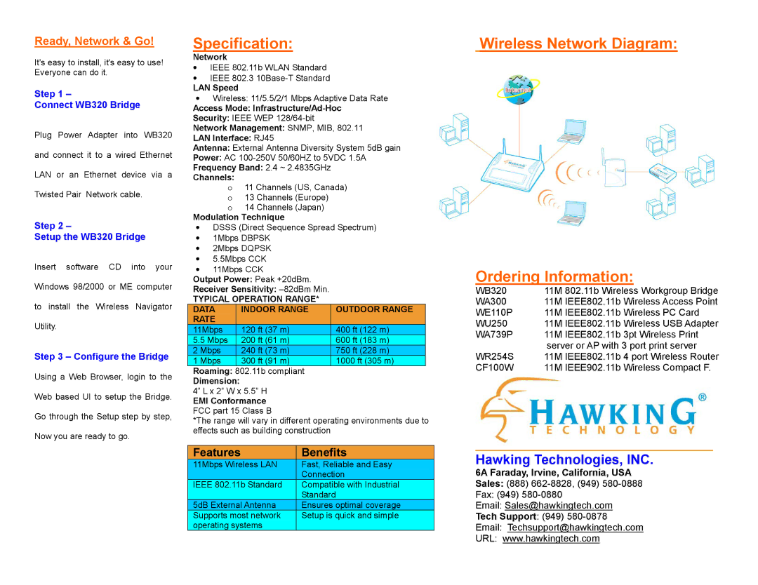 Hawking Technology owner manual Specification, Wireless Network Diagram Ordering Information, Step Connect WB320 Bridge 