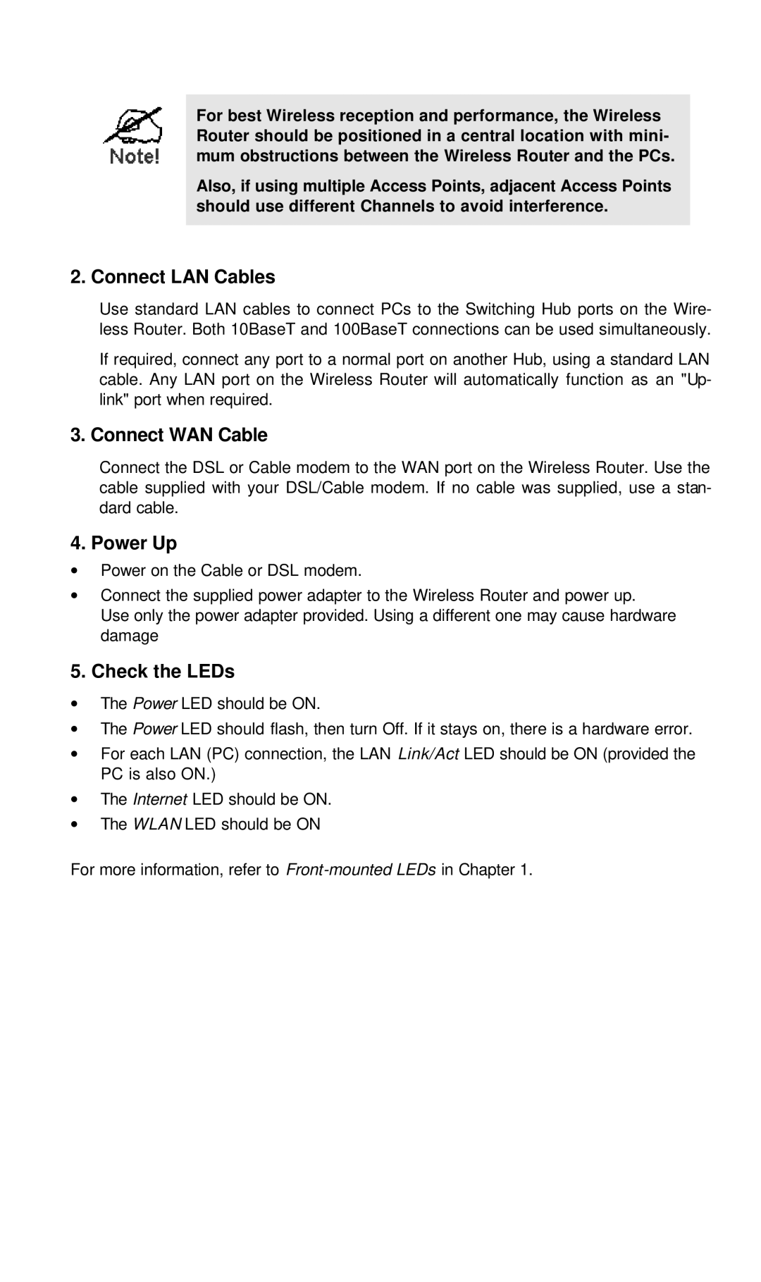 Hawking Technology Wireless-G Router manual Connect LAN Cables, Connect WAN Cable, Power Up, Check the LEDs 