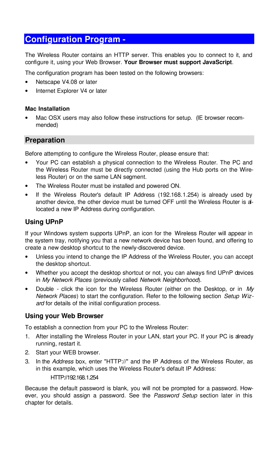 Hawking Technology Wireless-G Router manual Configuration Program, Preparation, Using UPnP, Using your Web Browser 