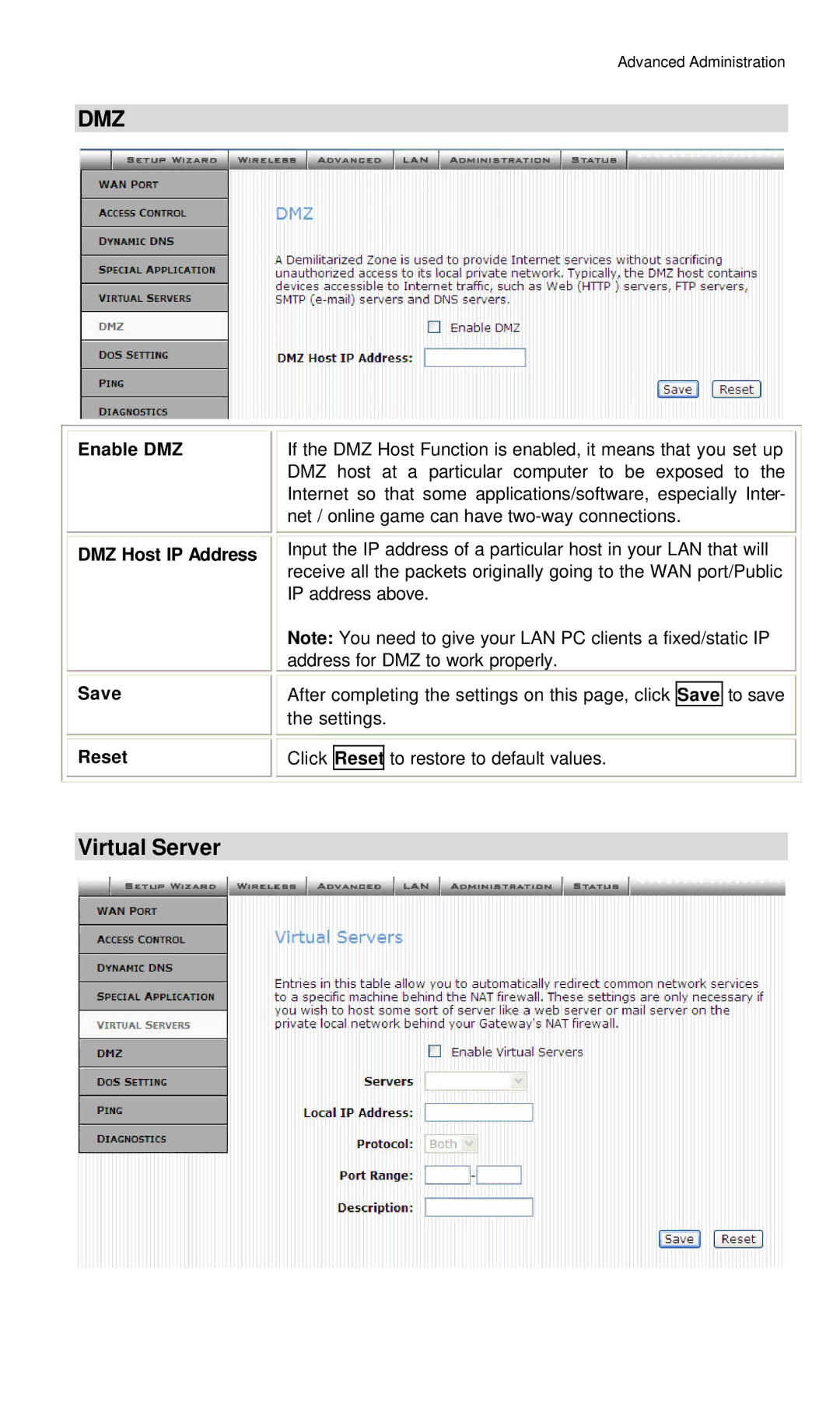 Hawking Technology Wireless-G Router manual Virtual Server, Enable DMZ, DMZ Host IP Address 